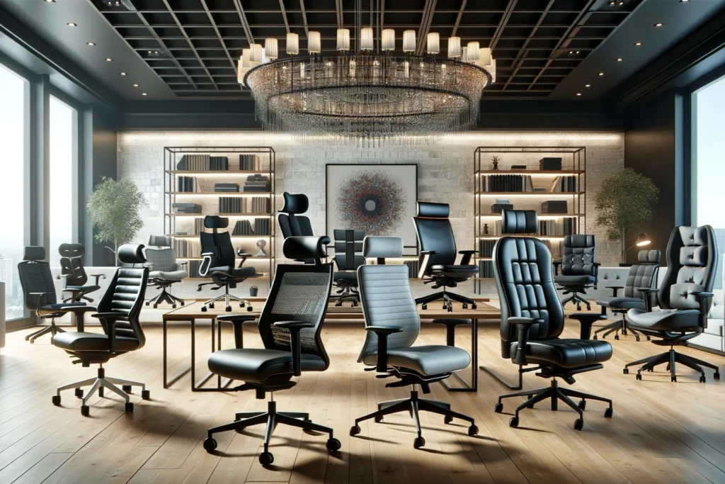 A-modern-executive-office-featuring-a-variety-of-stylish-and-ergonomic-office-chairs-arranged-in-an-elegant-showroom-setting