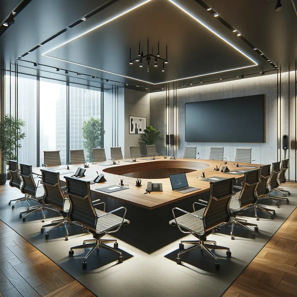 A-realistic-image-of-a-modern-conference-room-designed-to-showcase-a-professional-and-sleek-atmosphere.-The-room-features-a-large-oval-shaped-confer