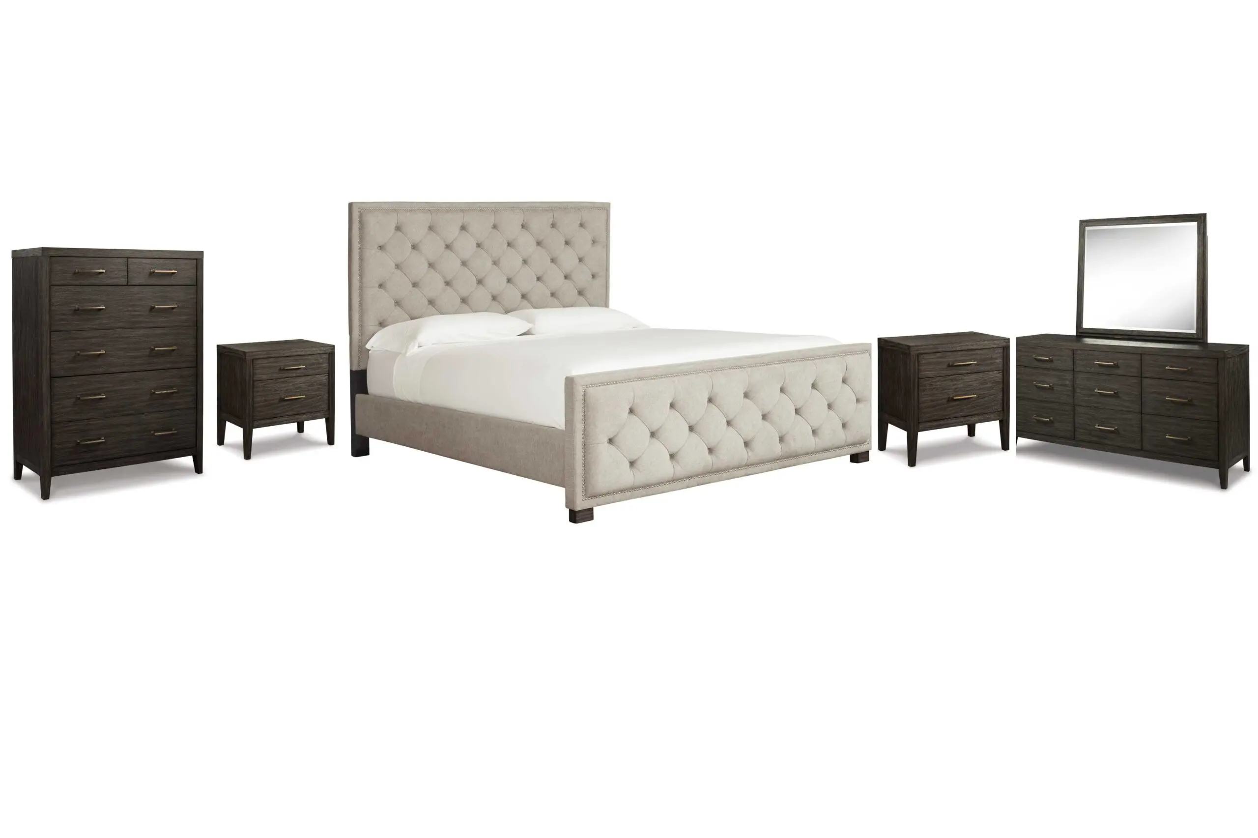 1-485.jpg BELLVERN BEDROOM SUITE (BED + 2 NIGHTSTANDS + MIRRORED DRESSER + CHEST OF DRAWERS) - Image 1