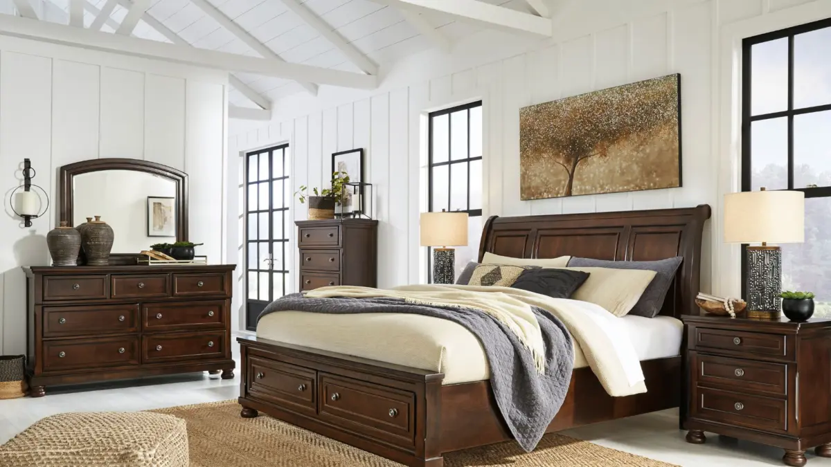 PORTER KING SLEIGH BEDROOM SET (BED +  2 NIGHTSTANDS + MIRRORED DRESSER) - Image 4