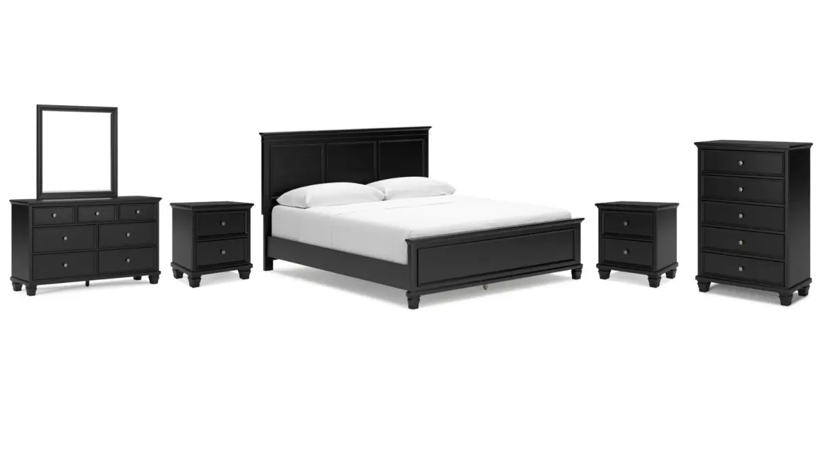 LANOLEE KING PANEL BEDROOM SUITE (BED + 2 NIGHTSTANDS + MIRRORED DRESSER + CHEST OF DRAWERS) - Image 1