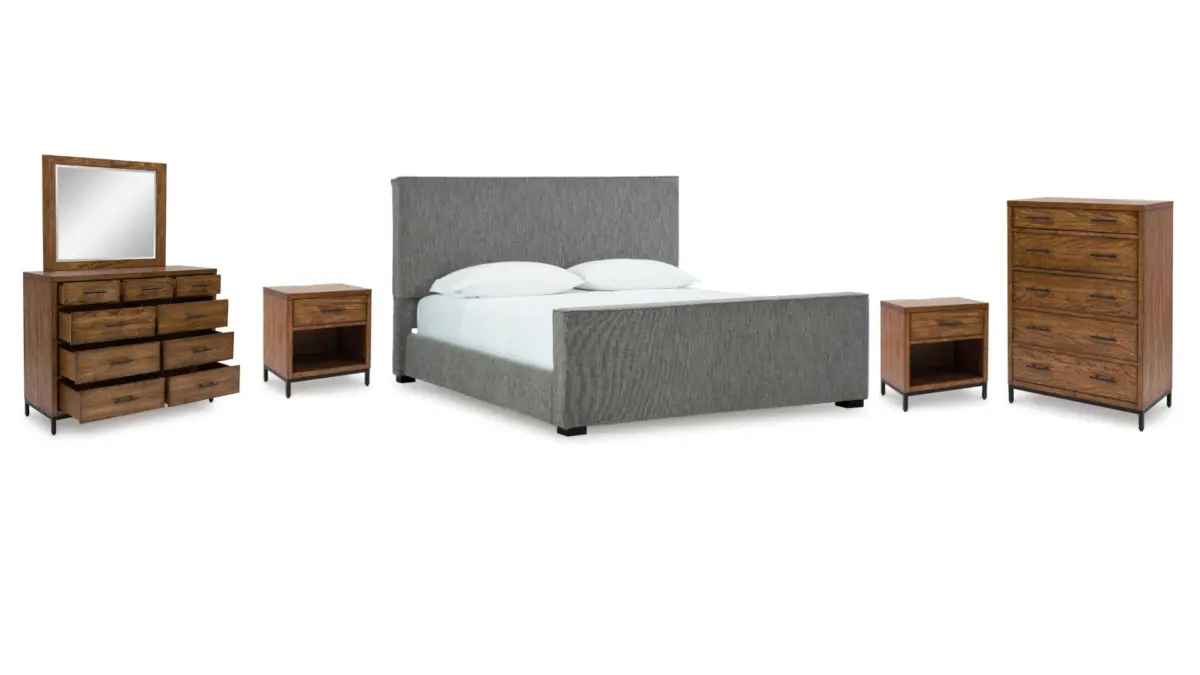 STEENLAGE BEDROOM SET (BED + 2 NIGHTSTANDS + CHEST OF DRAWERS + MIRRORED DRESSER) - Image 1