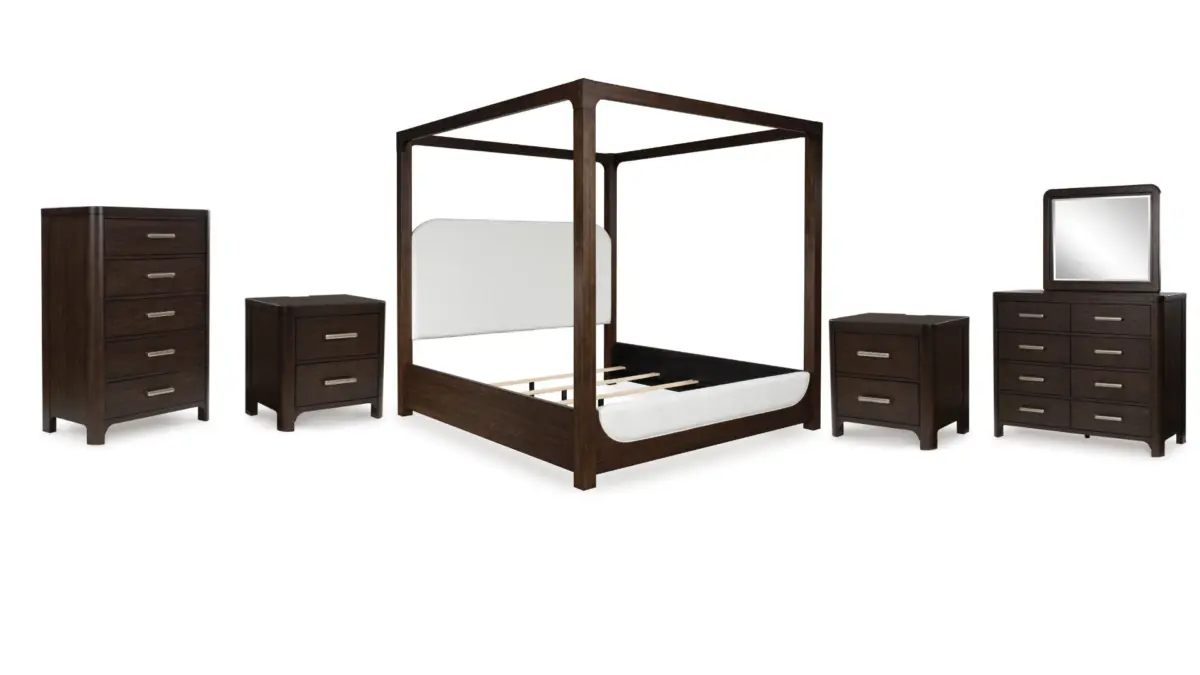 BRECKINGTON BEDROOM SET (BED + 2 NIGHTSTANDS + CHEST OF DRAWERS + MIRRORED DRESSER) - Image 1