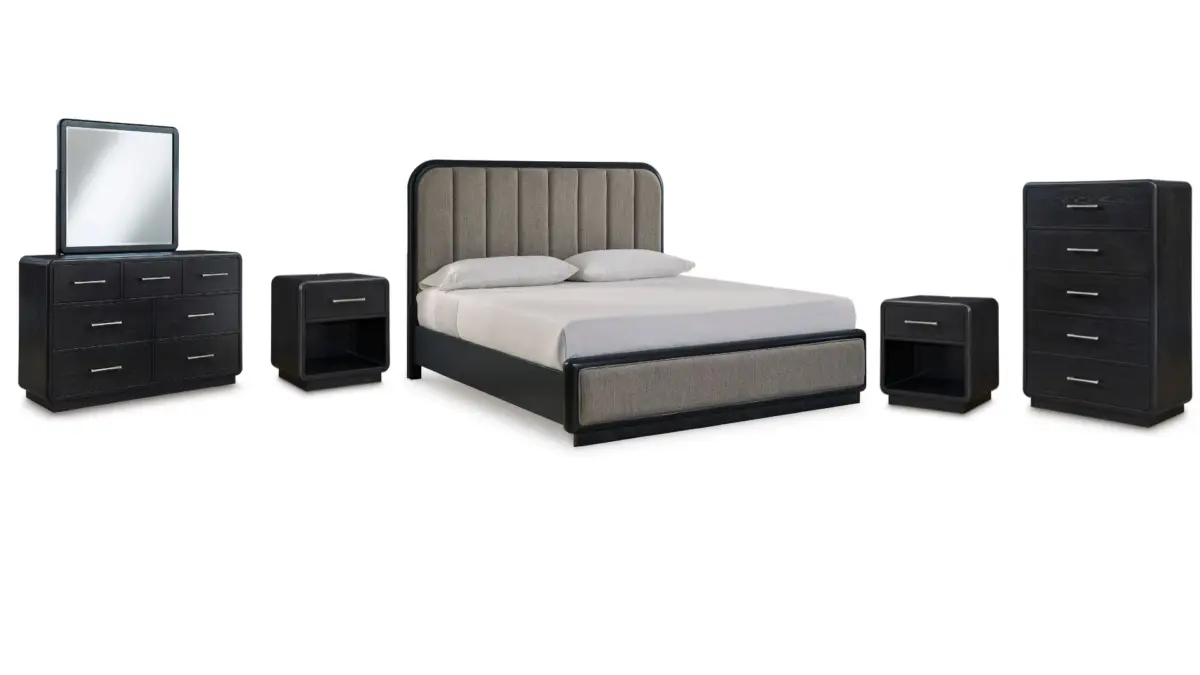 ROWANBECK BEDROOM SET (BED + 2 NIGHTSTANDS + CHEST OF DRAWERS + MIRRORED DRESSER) - Image 1