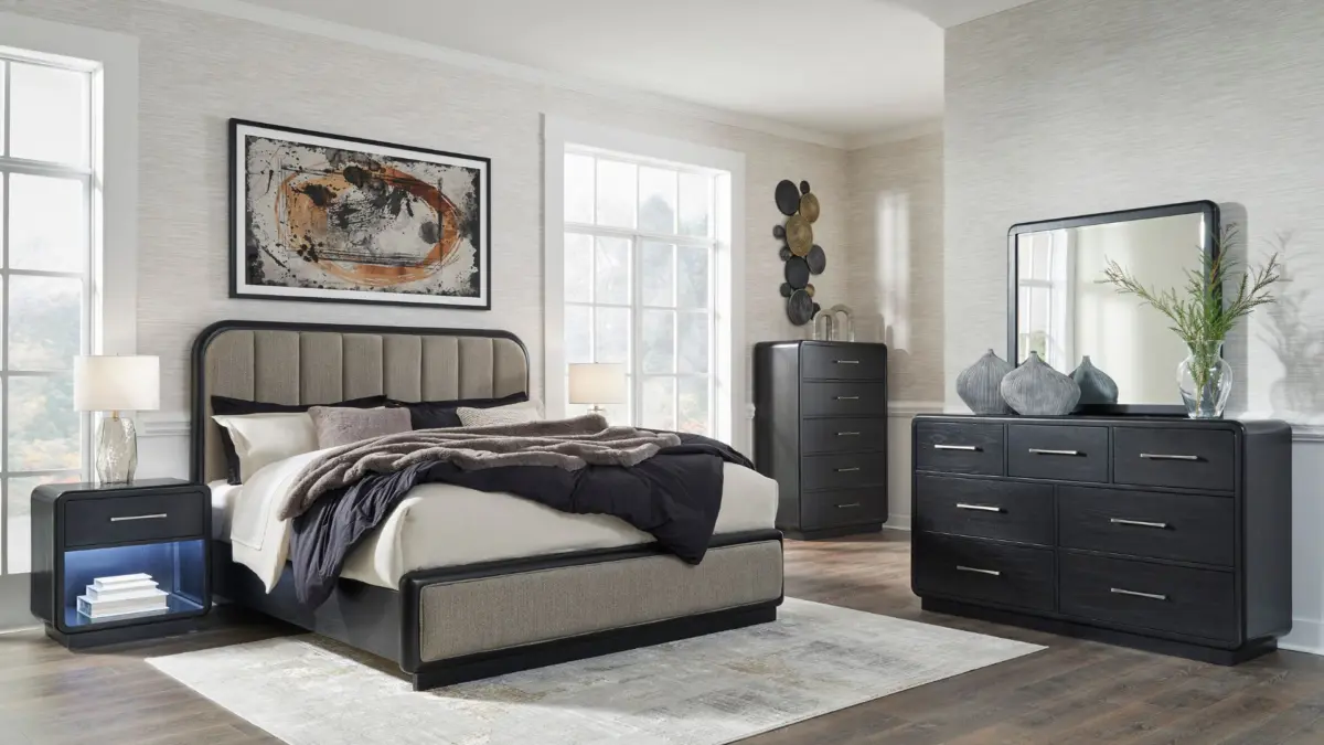 ROWANBECK BEDROOM SET (BED + 2 NIGHTSTANDS + CHEST OF DRAWERS + MIRRORED DRESSER) - Image 5