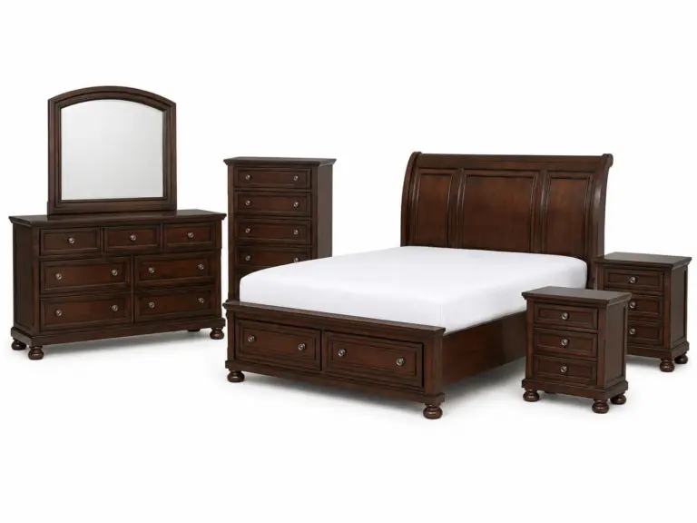 PORTER KING SLEIGH BEDROOM SET (BED + 2 NIGHTSTANDS + CHEST OF DRAWERS + MIRRORED DRESSER)
