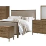 ROANHOWE UPHOLSTERED KING BEDROOM SET (BED + 2 NIGHTSTANDS + CHEST OF DRAWERS + MIRRORED DRESSER))