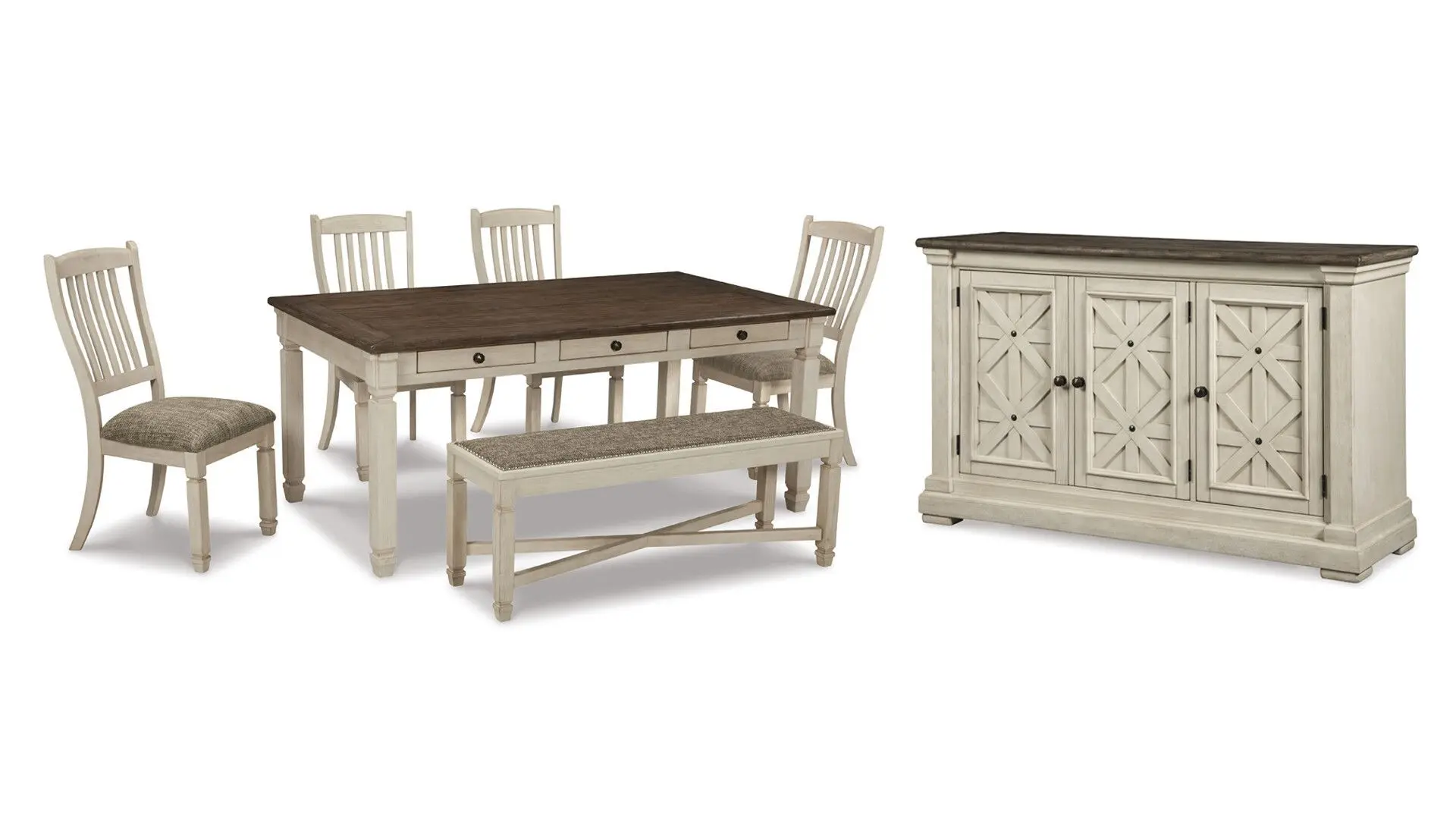 3000521_DLgWP1xFStkJhANgdd8KXAoXQPpLkJjjm9toEPBX.jpg BOLANBURG DINING SET WITH 4 CHAIRS AND A BENCH AND SERVER