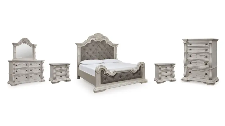 ADONHALL BEDROOM SET (BED + 2 NIGHSTANDS + CHEST OF DRAWERS + MIRRORED DRESSER)