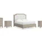 JORLAINA BEDROOM SET (BED + 2 NIGHSTANDS + CHEST OF DRAWERS + MIRRORED DRESSER)