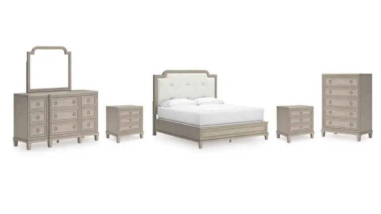 JORLAINA BEDROOM SET (BED + 2 NIGHSTANDS + CHEST OF DRAWERS + MIRRORED DRESSER)