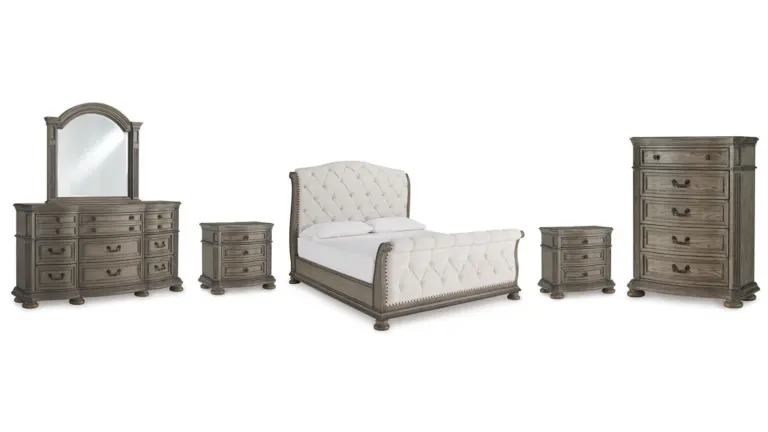 ARDENFIELD BEDROOM SET (BED + 2 NIGHTSTANDS + CHEST OF DRAWERS + MIRRORED DRESSER)
